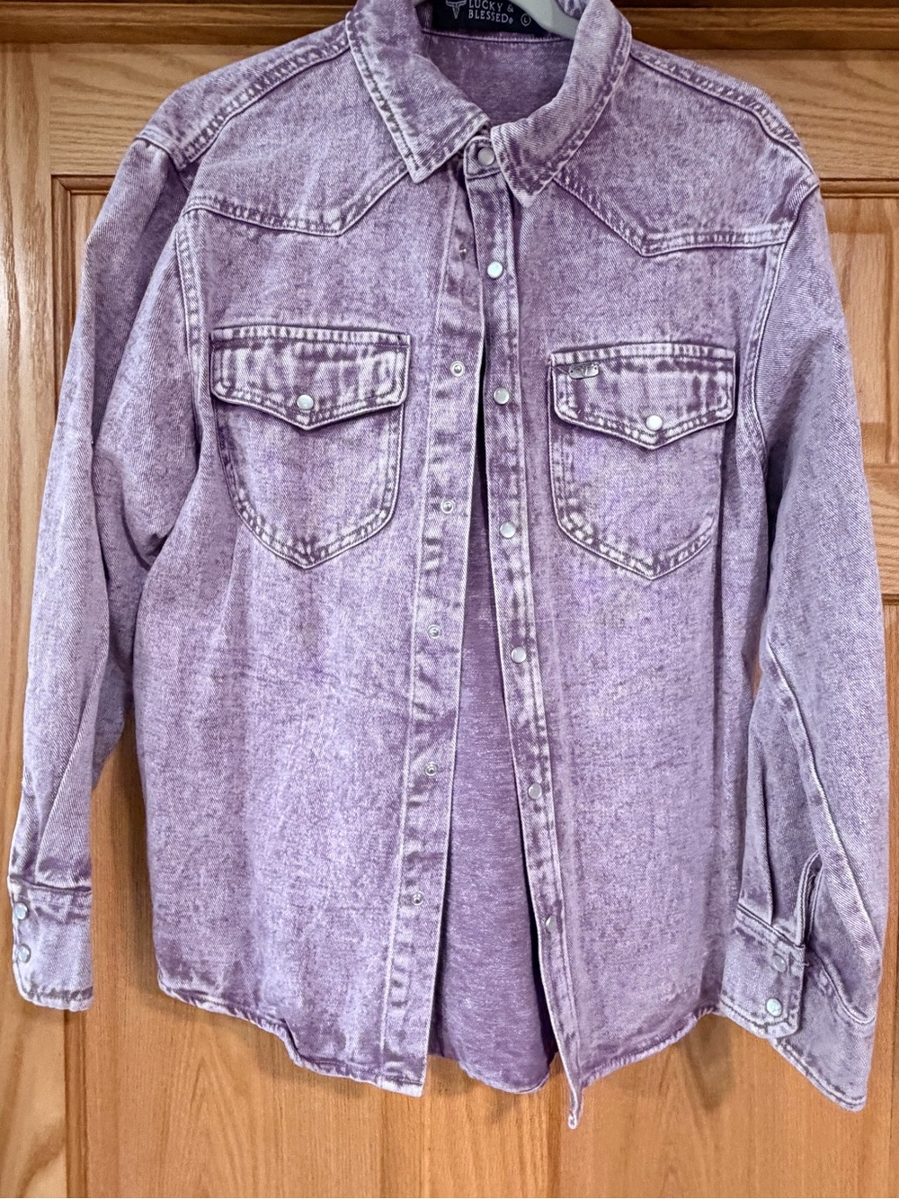 Lucky & Blessed Lavender Purple Acid Wash Denim Shacket Size Large